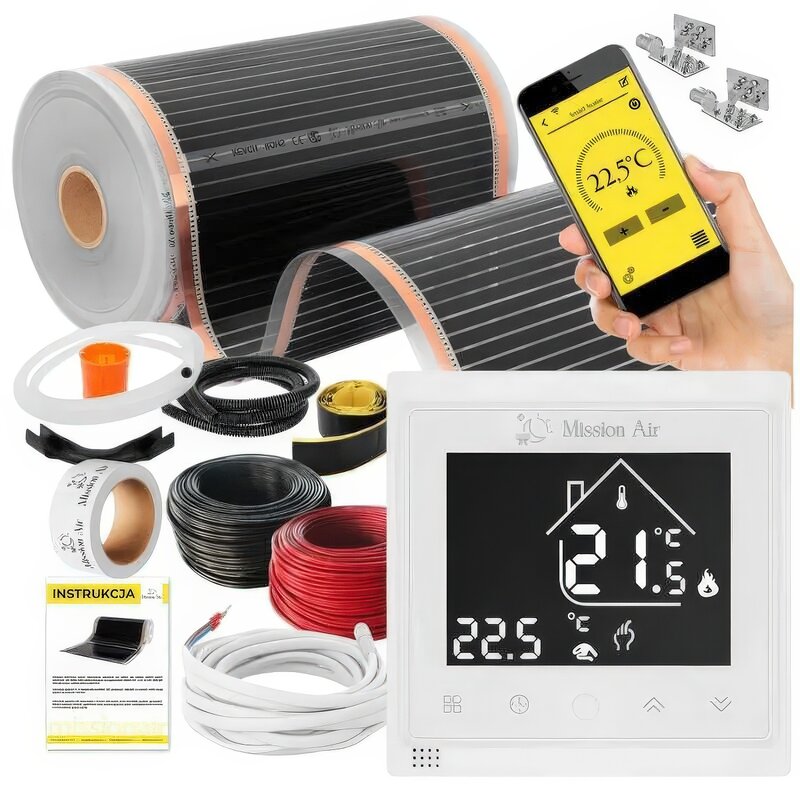 Folia grzewcza pod panele MISSION AIR MAL-160 W/m2 Black Silver 5m2 (10m x 50cm) + regulator Libra Biały Wi-Fi