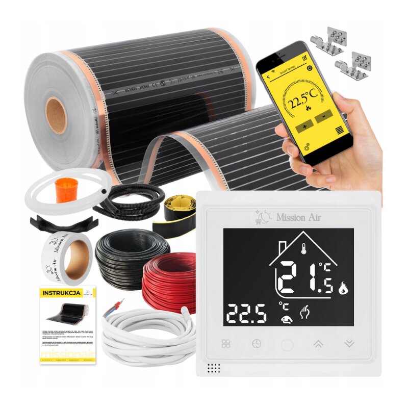Folia grzewcza na podczerwień MISSION AIR Black Silver PTC 160W/m2 22m² szer. 50cm + regulator Libra Biały Wi-Fi
