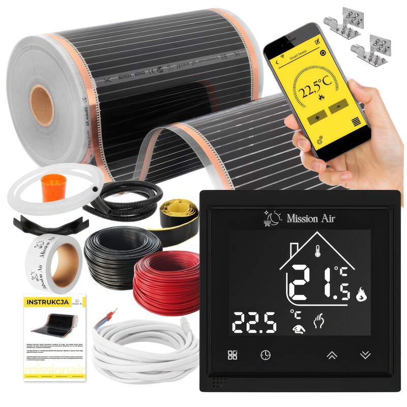 Folia grzewcza na podczerwień MISSION AIR Black Silver PTC 160W/m2 16m² szer. 50cm + regulator Libra Czarny Wi-Fi