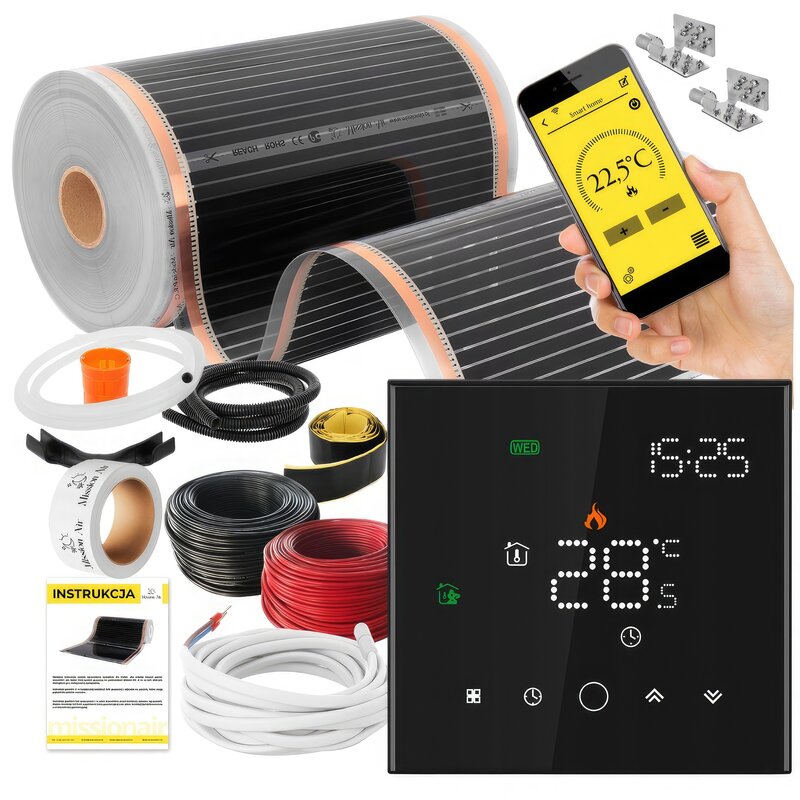 Folia grzewcza na podczerwień MISSION AIR Black Silver PTC 160W/m2 1m² szer. 50cm + regulator Leo Czarny Wi-Fi