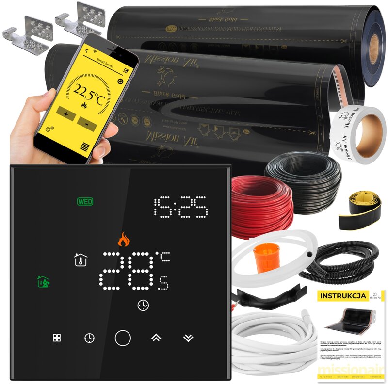 Folia grzewcza na podczerwień MISSION AIR 160 W/m2 Black Gold PTC 30m2 (30m x 100cm) + regulator Leo Czarny Wi-Fi