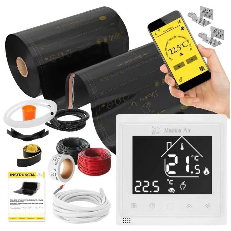 Folia grzewcza pod panele MISSION AIR MAL-160 W/m2 Black Silver 2 m2 (4 m x 50 cm) + regulator Libra Biały Wi-Fi