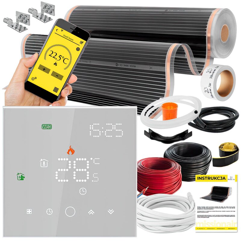 Folia grzewcza na podczerwień MISSION AIR Black Silver PTC 160W/m2 1m2 szer. 100cm + regulator Leo Biały Wi-Fi