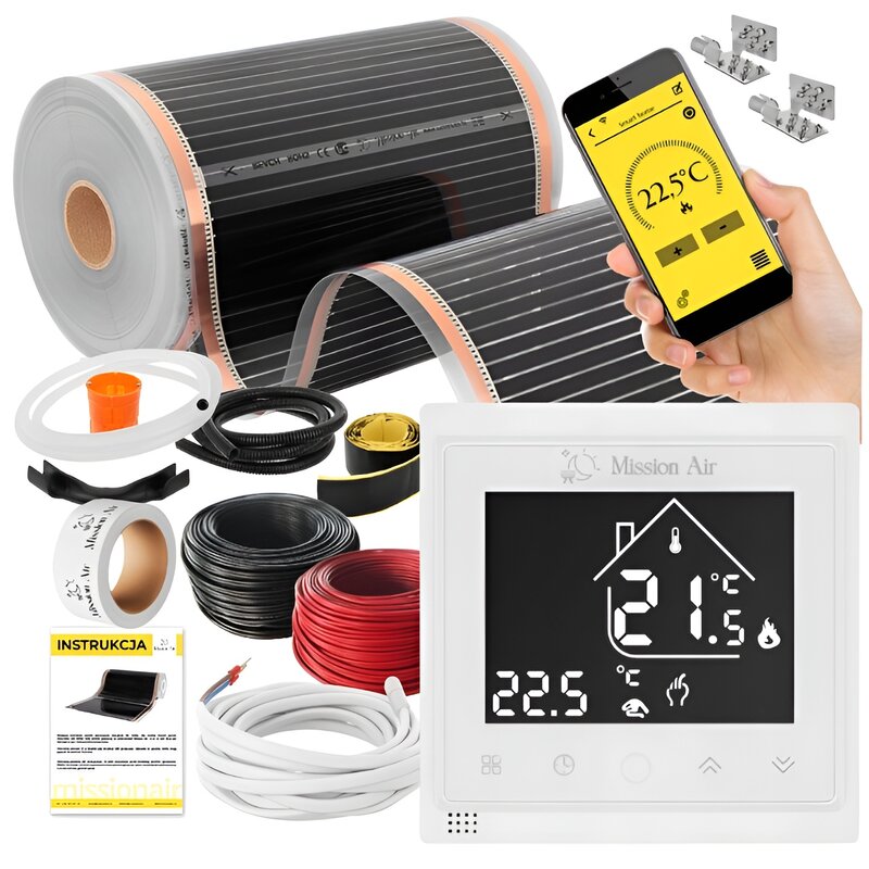 Folia grzewcza na podczerwień MISSION AIR Black Silver PTC 160W-m2 1.5m² szer. 50cm + regulator Libra Biały WiFi