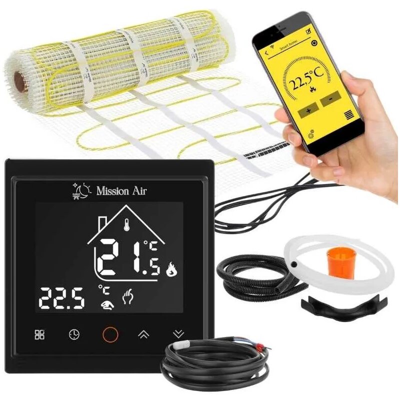Mata grzewcza pod płytki MISSION AIR MA-160W/m² 0,5 m² (1mb x 50cm) + regulator Libra Czarny WiFi