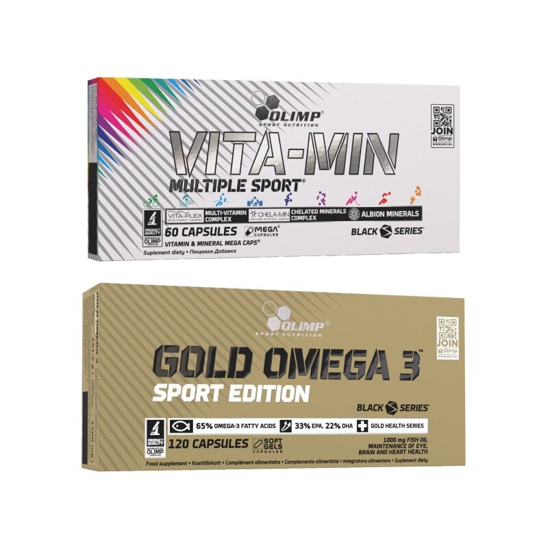 Kompleks witamin i minerałów OLIMP Vita-Min Multiple Sport Mega Caps (60 kapsułek) + Kwasy Omega-3 OLIMP Gold Omega 3 Sport Edition (120 kapsułek)