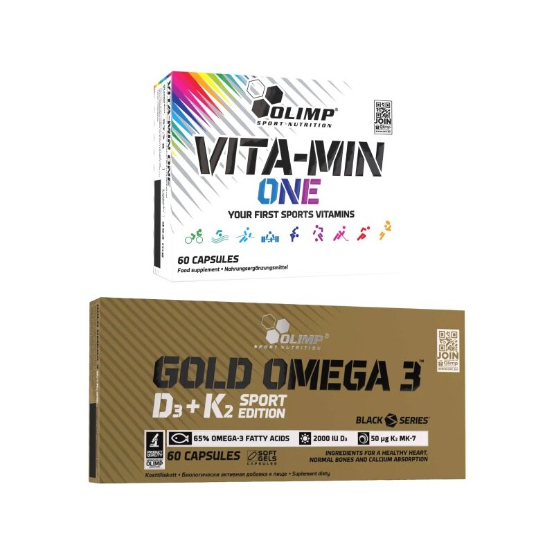 Kompleks witamin i minerałów OLIMP Vita-Min One (60 kapsułek) + Kwasy Omega-3 + Witamina D3+K2 OLIMP Gold Omega 3 Sport Edition (60 kapsułek)