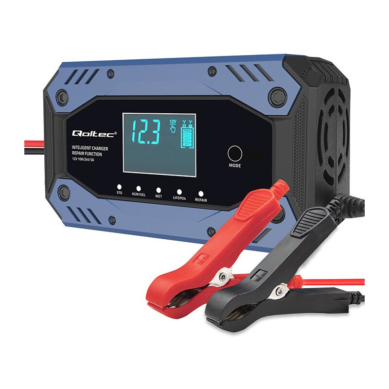 Qoltec 52482 Inteligentna do akumulatora STD AGM GEL LiFePO4 12-24V / 10A Prostownik z funkcją naprawy