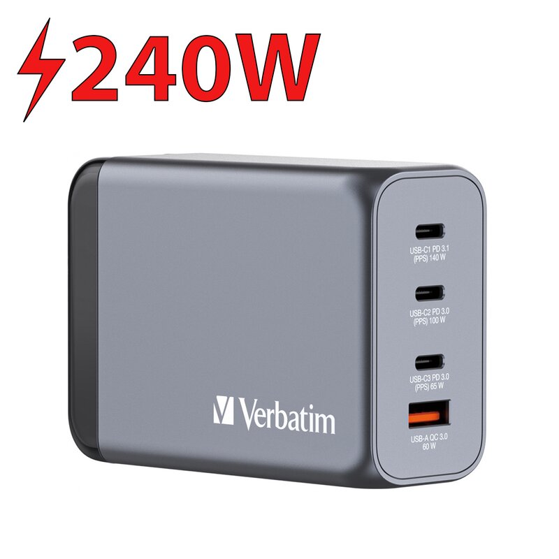 Ładowarka sieciowa VERBATIM GNC-240 GaN 240W Szary ładowarka do telefonu USB, USB-C + Adapter EU/UK/US