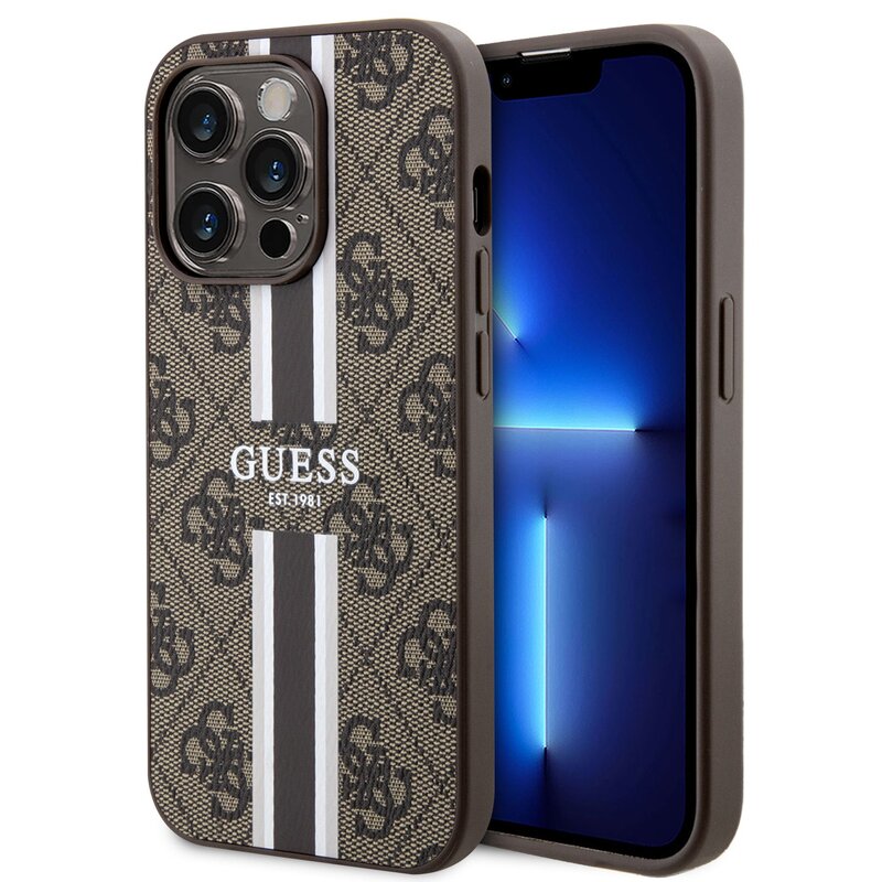Etui GUESS 4G Printed Stripes MagSafe do Apple iPhone 15 Pro Brązowy