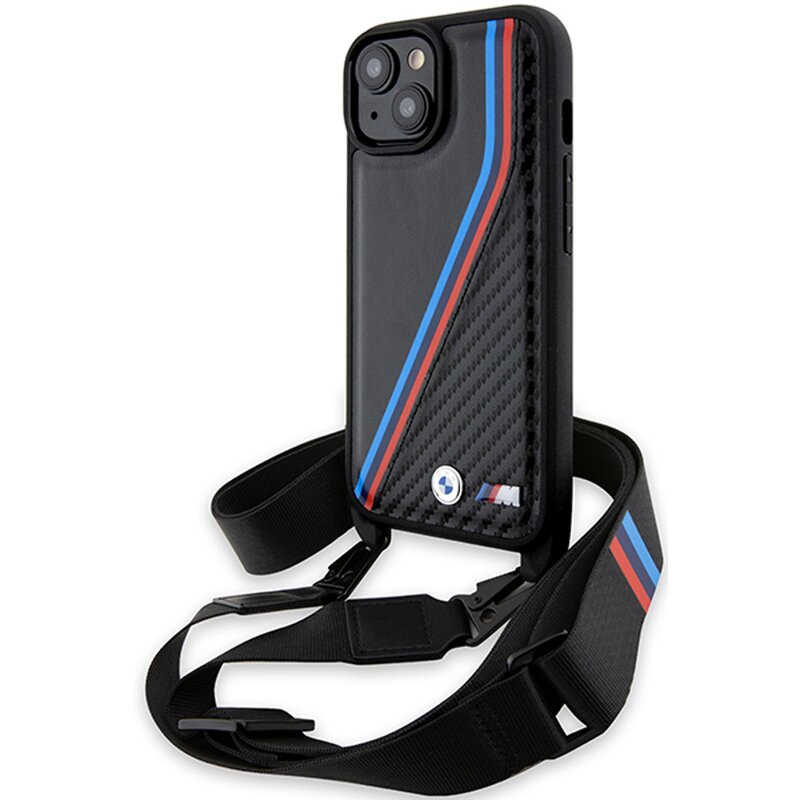 Etui BMW M Edition Carbon Tricolor Lines Strap do Apple iPhone 15/14/13 Czarny