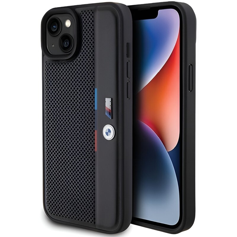 Etui BMW Perforated Tricolor Line do Apple iPhone 15 Plus/14 Plus Czarny
