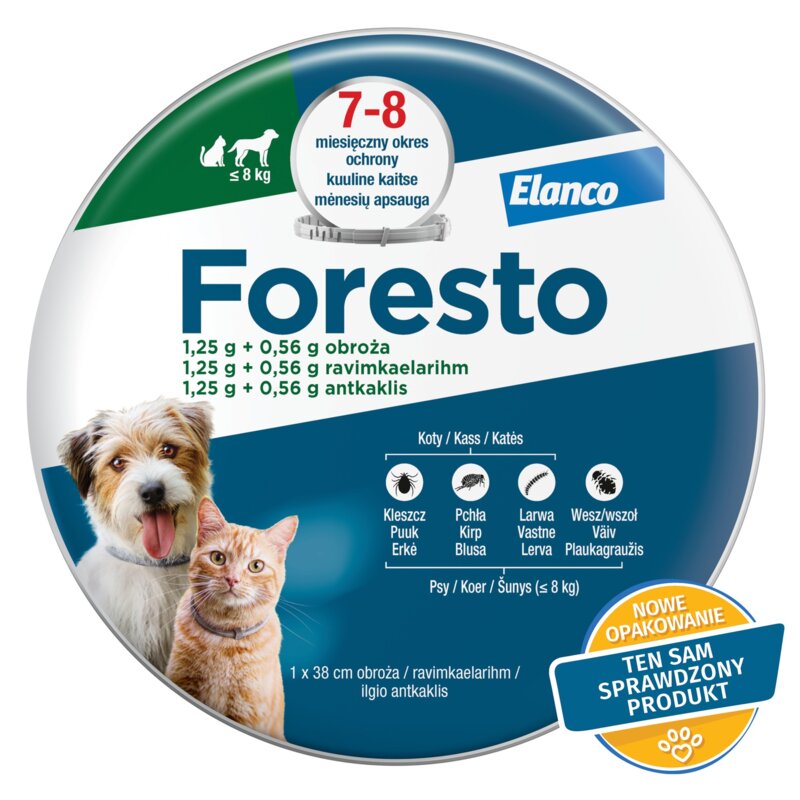 Obroża FORESTO przeciw kleszczom i pchłom dla psów i kotów do 8 kg (38 cm) Ochrona przez 32 tygodnie