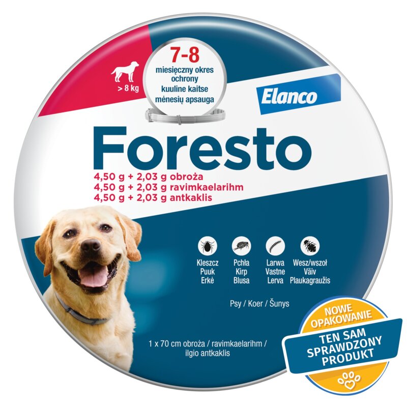 Obroża FORESTO przeciw kleszczom i pchłom dla psów powyżej 8 kg (70 cm) Ochrona przez 32 tygodnie