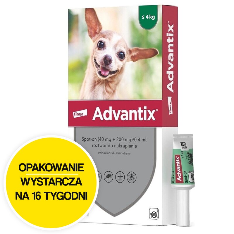 Krople na pchły i kleszcze ADVANTIX Spot-on Bardzo małe psy (do 4 kg) 4 x 0.4 ml Ochrona przez 16 tygodni