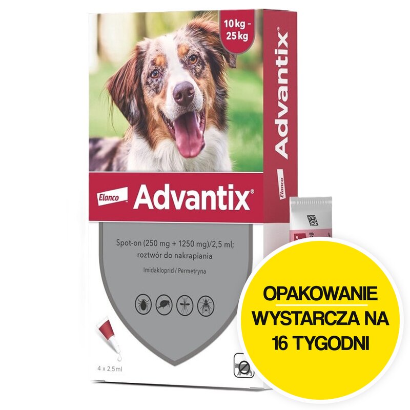 Krople na pchły i kleszcze ADVANTIX Spot-on Średnie psy (10-25 kg) 4 x 2.5 ml Ochrona przez 16 tygodni