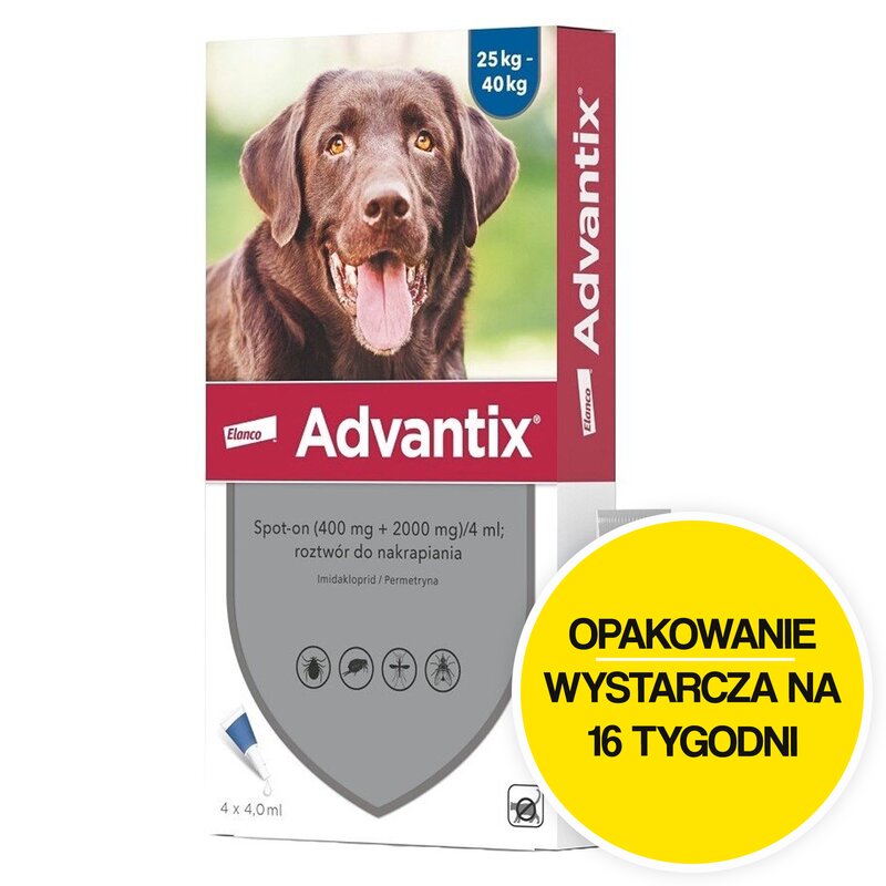 Krople na pchły i kleszcze ADVANTIX Spot-on Duże psy (25-40 kg) 4 x 4 ml Ochrona przez 16 tygodni