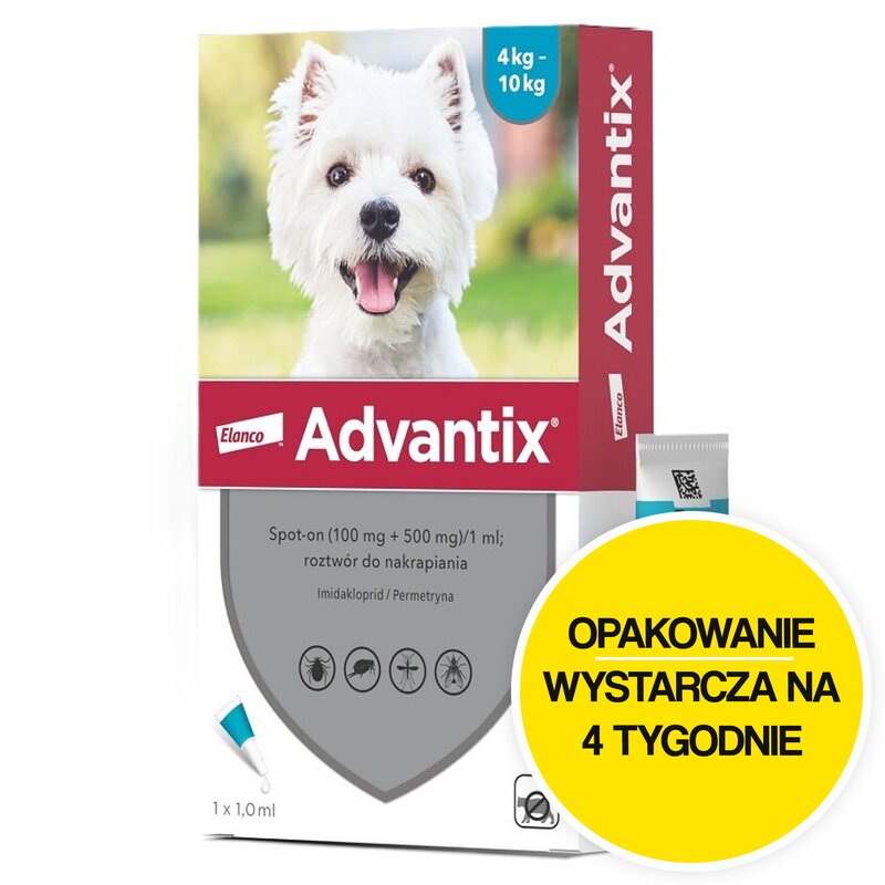 Krople na pchły i kleszcze ADVANTIX Spot-on Małe psy (4-10 kg) 1 ml Ochrona przez 4 tygodnie