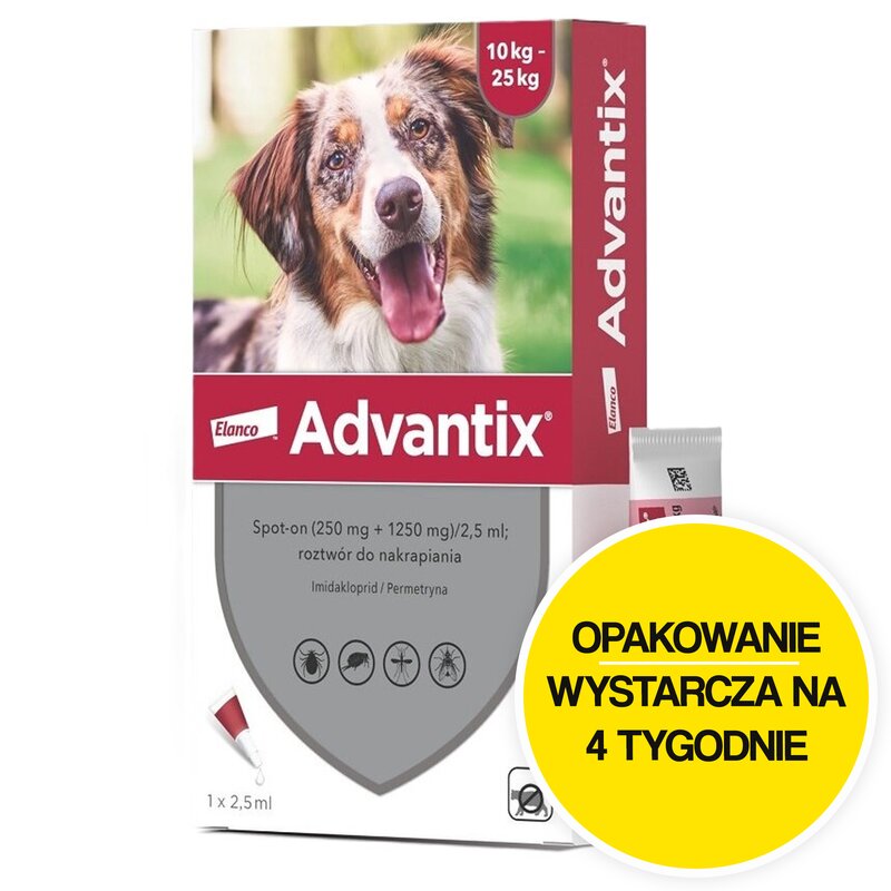 Krople na pchły i kleszcze ADVANTIX Spot-on Średnie psy (10-25 kg) 2.5 ml Ochrona przez 4 tygodnie