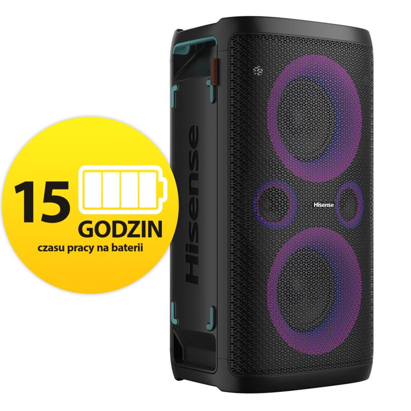 Power Audio HISENSE Party Rocker One Plus, 300W,  BT,  Bateria 15 godzin,  Dwa mikrofony w zestawie,  Ładowarka indukcyjna