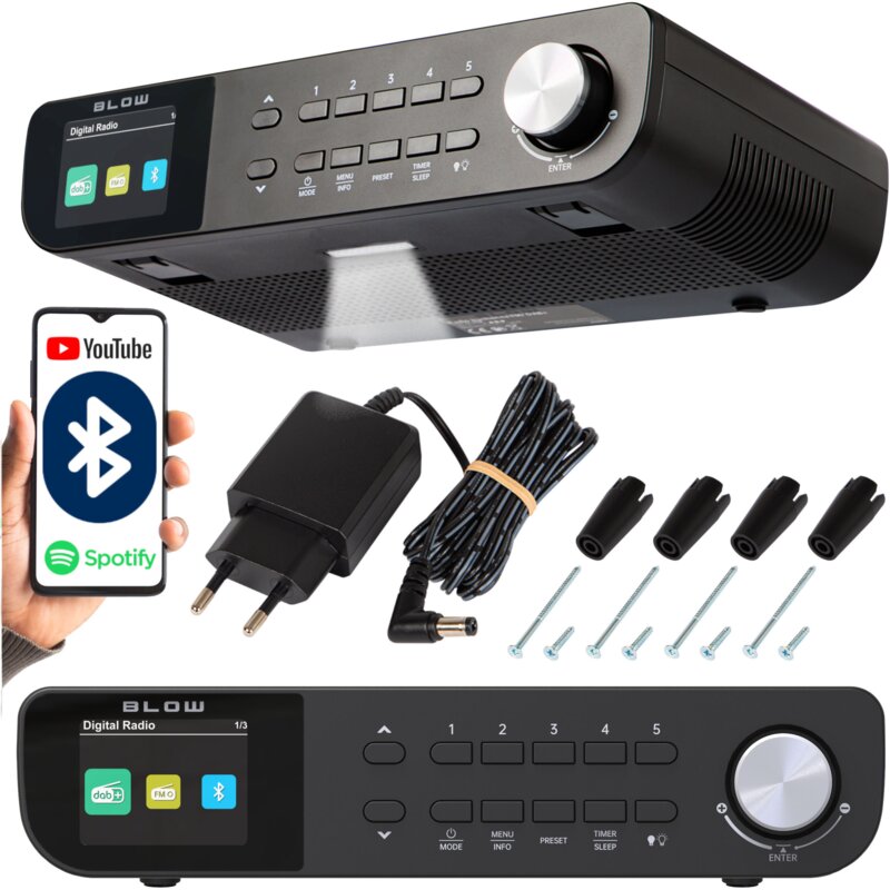 Radio BLOW RK1 Czarne, Podszafkowe, Tuner FM/DAB+, Bluetooth, Kolorowy Wyświetlacz, Budzik, Oświetlenie LED, Zasilanie Sieciowe