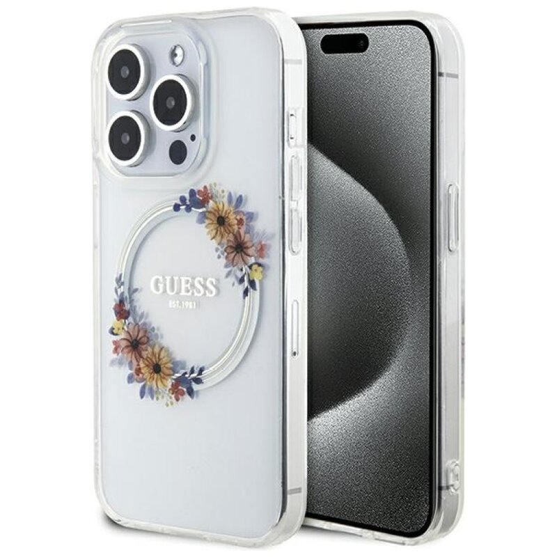 Etui GUESS IML Flowers Wreath MagSafe do Apple iPhone 15 Pro Przezroczysty