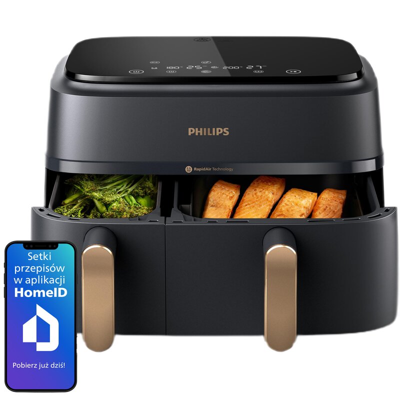 Frytkownica beztłuszczowa Air fryer PHILIPS Ovi Dual Basket NA352/00 z 2 szufladami Szary-miedziany