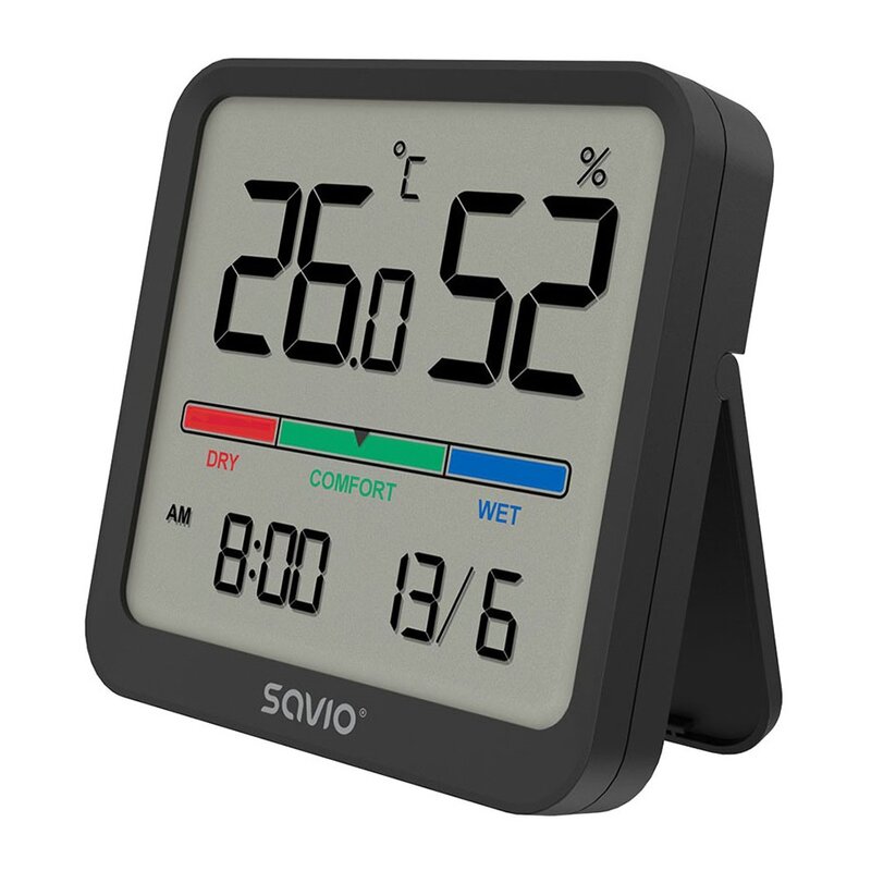 Savio Czujnik temperatury i wilgotności, do użytku wewnętrznego, ekran LCD, zegar, data, uchwyt z magnesem, CT-01/B Czarny