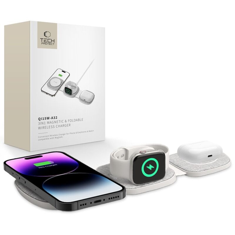 Ładowarka indukcyjna TECH-PROTECT QI15W-A32 3w1 Magnetic  15W Biało-szary Qi MagSafe