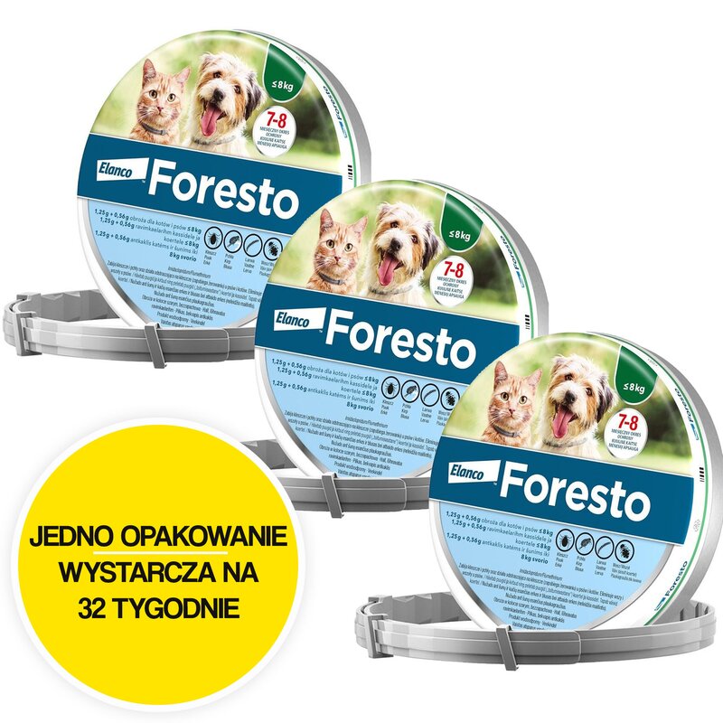 Obroża FORESTO przeciw kleszczom i pchłom dla psów i kotów do 8 kg (38 cm) 3 szt.