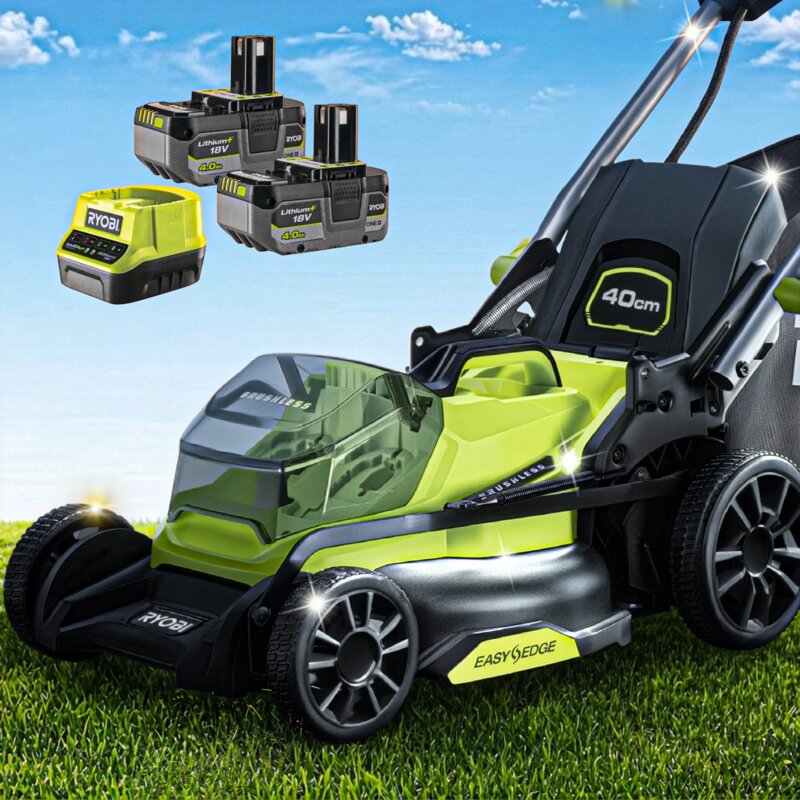 Kosiarka akumulatorowa RYOBI ONE+ RY18LMX40C-240 40 cm, rozdrabnianie, 4 Ah, 18 V, silnik bezszczotkowy, kosz 50L, 2 akumulatory 4 Ah