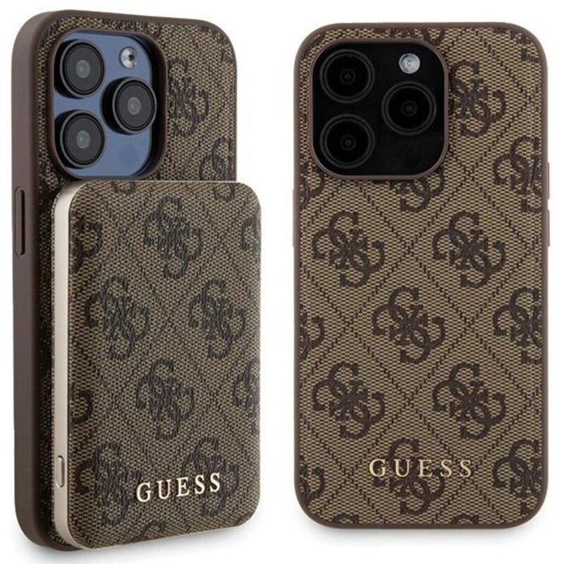 Guess Zestaw do iPhone 15 Pro + Powerbank 5000mAh MagSafe 4G Metal Logo Brązowy