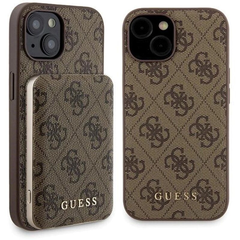 Guess Zestaw do iPhone 15 + Powerbank 5000mAh MagSafe 4G Metal Logo Brązowy