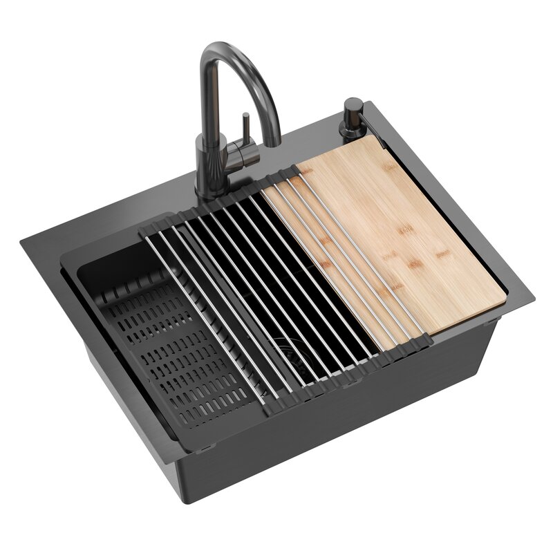 Zlewozmywak jednokomorowy MYQ Leo LEO1CBS3 Czarny 45x58 + bateria GANGES GAN000BS3 + dozownik