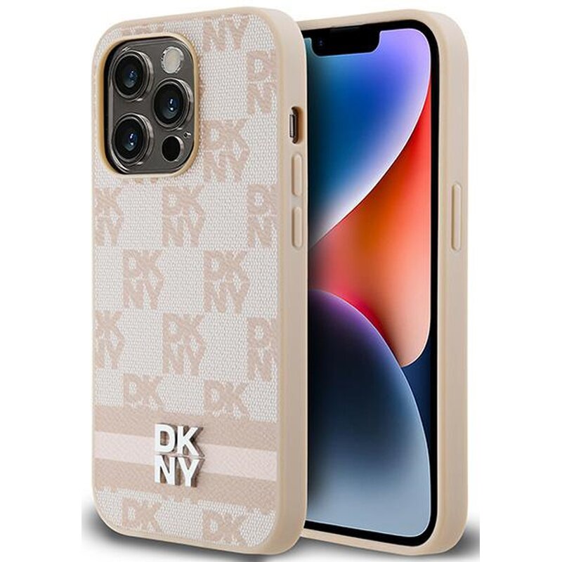 Etui DKNY Leather Checkered Mono Pattern & Printed Stripes do Apple iPhone 14 Pro Różowy