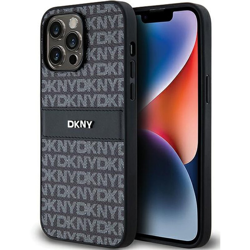 DKNY Leather Mono Stripe & Metal Logo do iPhone 14 Pro Czarny