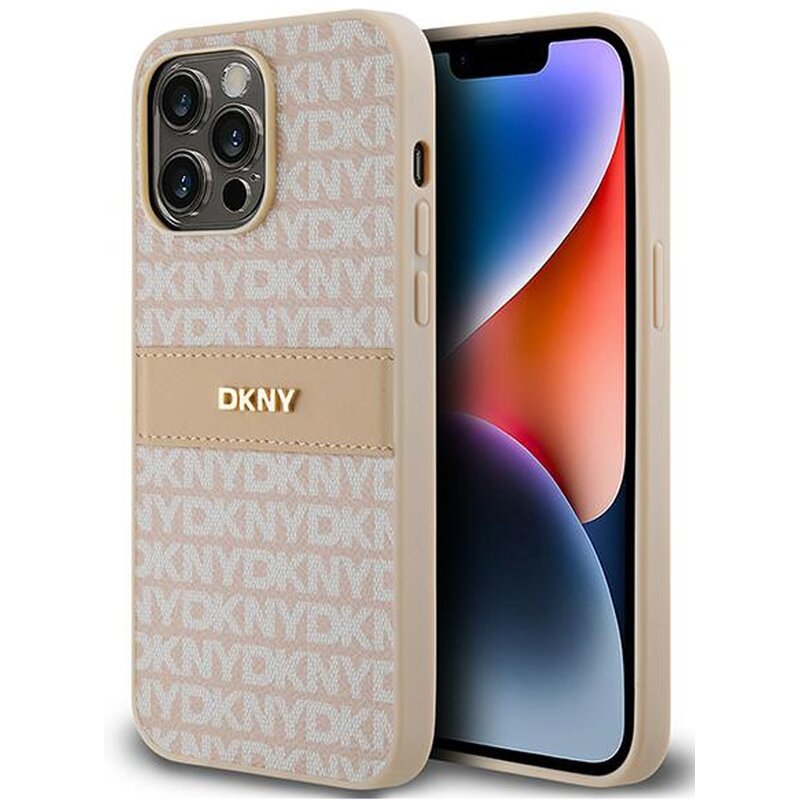 DKNY Hardcase Leather Mono Stripe & Metal Logo do iPhone 14 Pro Różowy