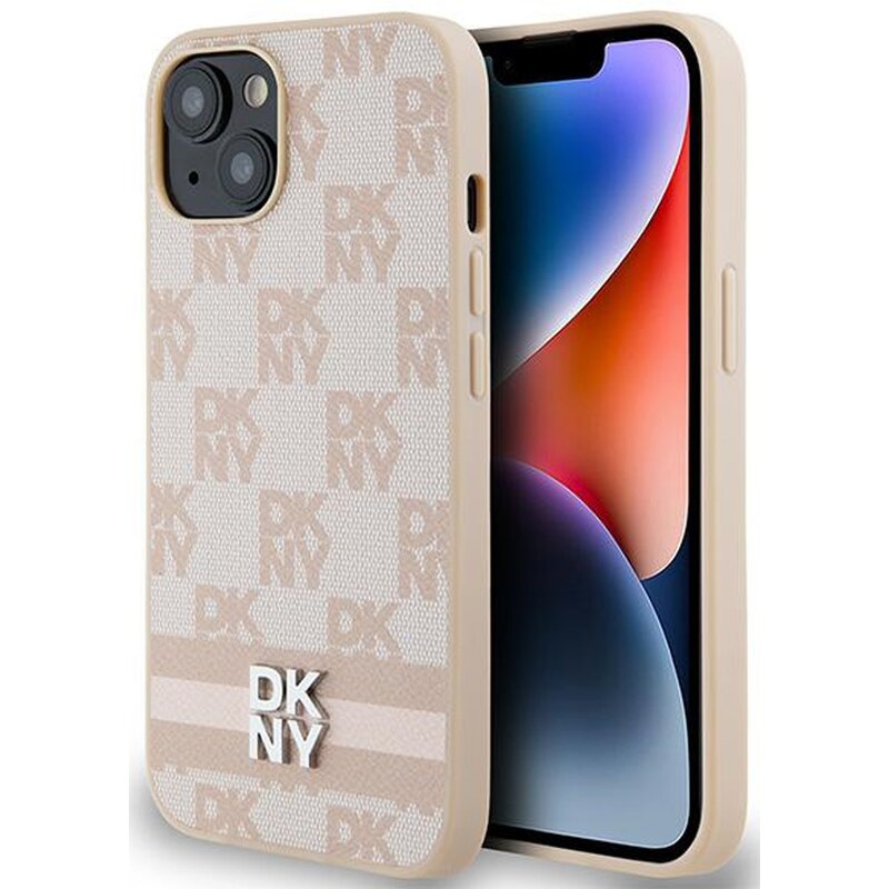 Etui DKNY Leather Checkered Mono Pattern & Printed Stripes do Apple iPhone 13/14/15 Różowy