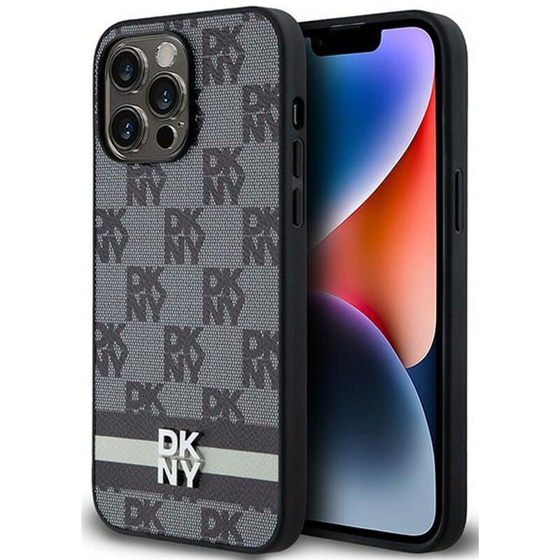 DKNY Leather Checkered Mono Pattern & Printed Stripes iPhone 14 Pro Max Czarny