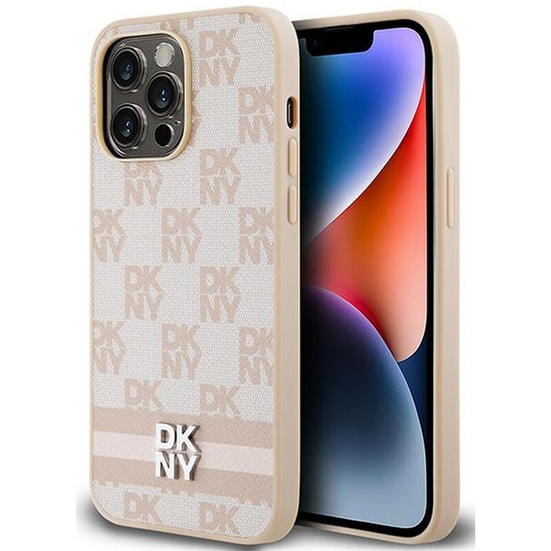 Etui DKNY Leather Checkered Mono Pattern & Printed Stripes do Apple iPhone 14 Pro Max Różowy