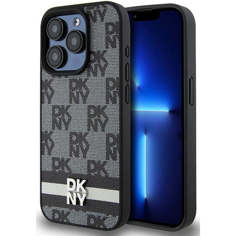 Etui DKNY Leather Checkered Mono Pattern & Printed Stripes do Apple iPhone 15 Pro Czarny