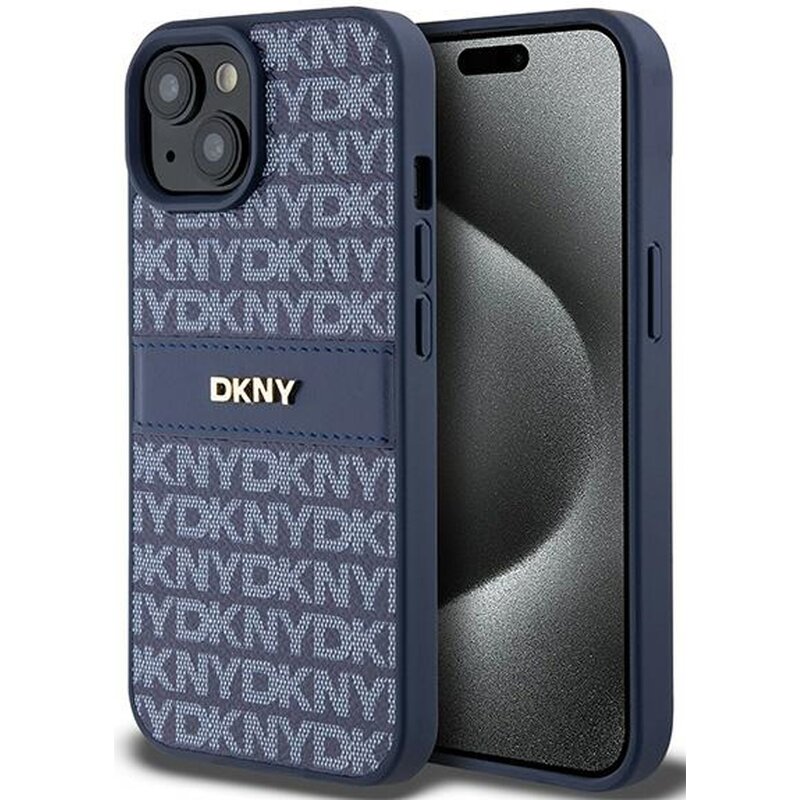 DKNY Hardcase Leather Mono Stripe & Metal Logo iPhone 15 Niebieski