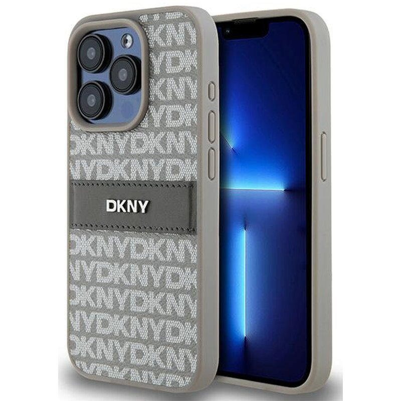DKNY Hardcase Leather Mono Stripe & Metal Logo do iPhone 15 Pro Max Beżowy