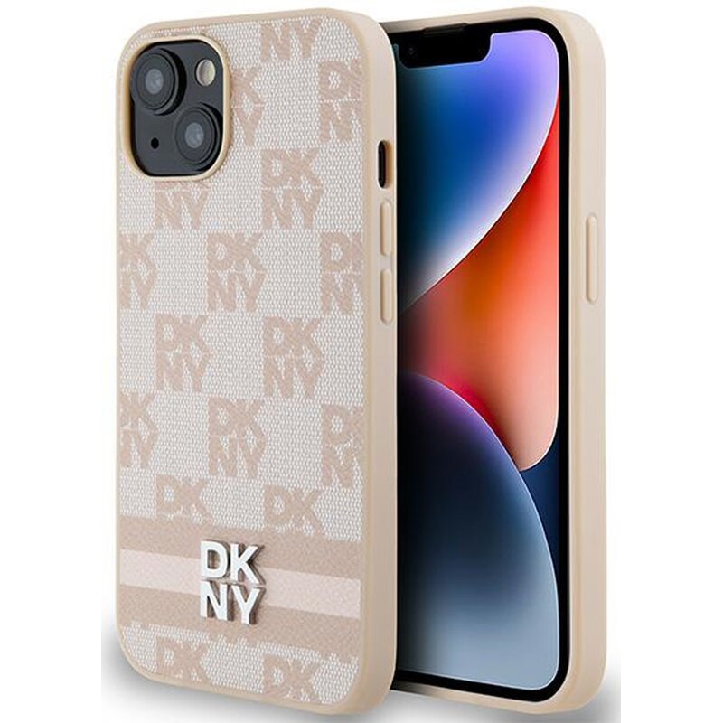 Etui DKNY Leather Checkered Mono Pattern & Printed Stripes do Apple iPhone 13/14/15 Różowy