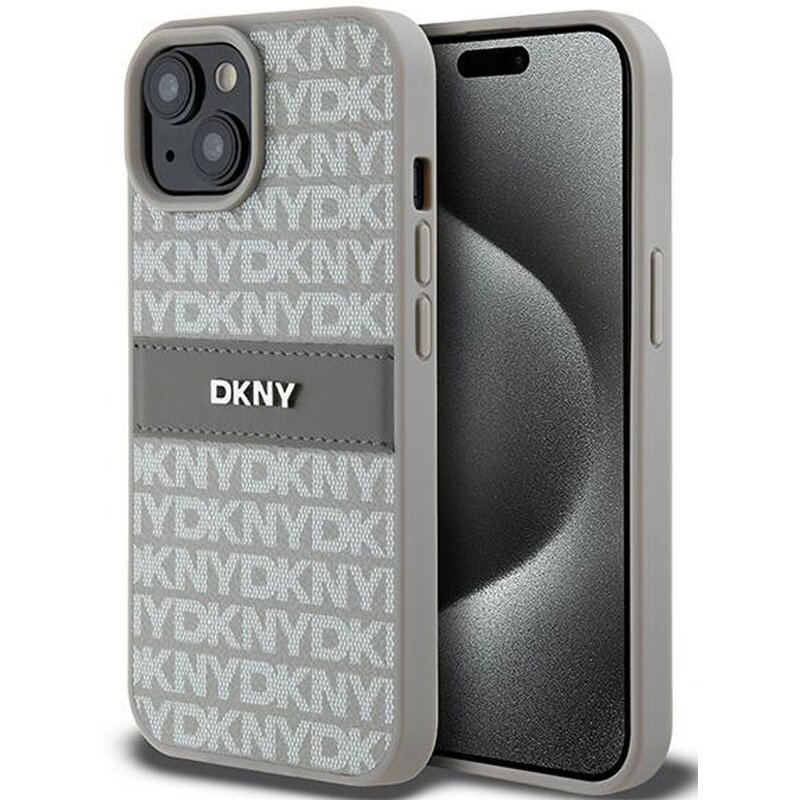 Etui DKNY Leather Mono Stripe & Metal Logo do Apple iPhone 13/14/15 Beżowy