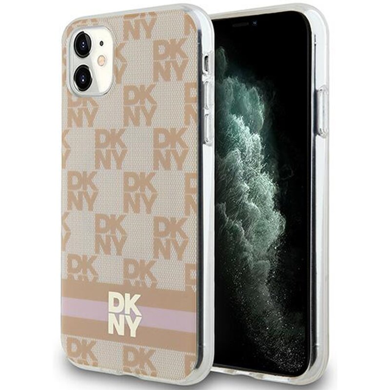 Etui DKNY IML Checkered Mono Pattern & Printed Stripes MagSafe do Apple iPhone 11/Xr Różowy