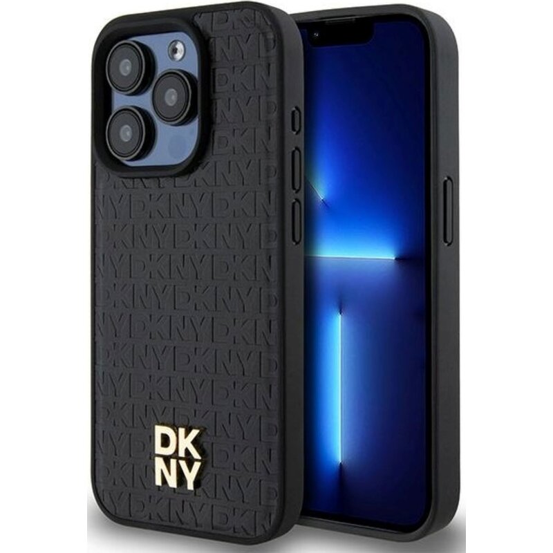 DKNY Leather Pattern Monogram Metal Logo MagSafe do iPhone 15 Pro Czarny