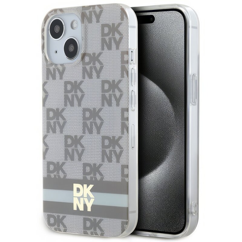 Etui DKNY IML Checkered Mono Pattern & Painted Stripes MagSafe do Apple iPhone 14 Plus/15 Plus Beżowy