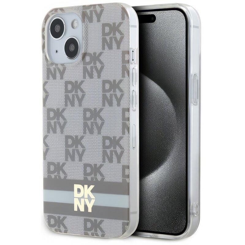 Etui DKNY IML Checkered Mono Pattern & Painted Stripes MagSafe do Apple iPhone 13/14/15 Beżowy