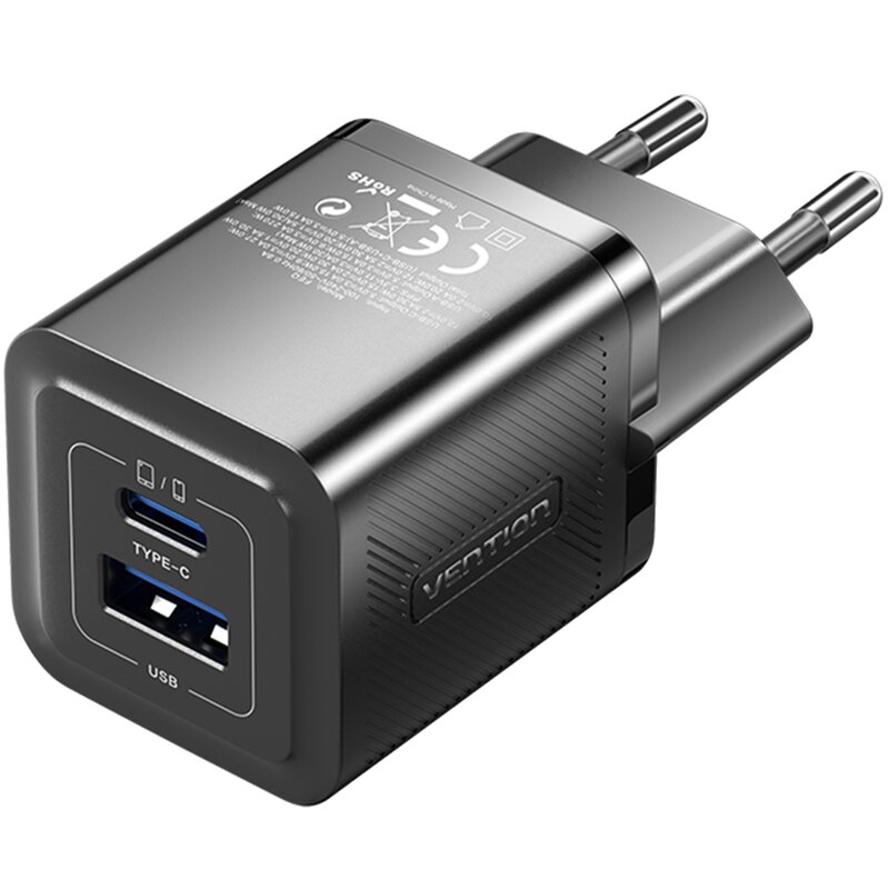 Vention 1x USB-A 1x USB-C GaN 30W Czarny